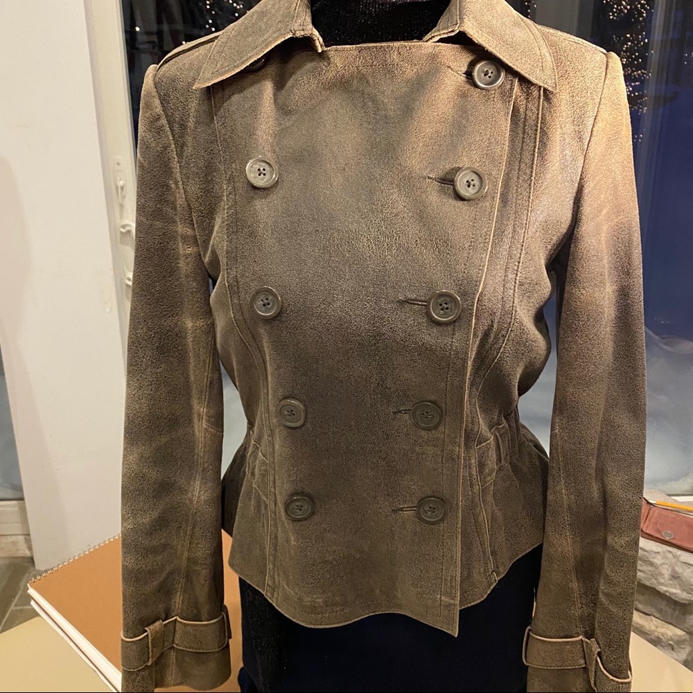 Express leather dbl breasted brown/black jacket 8